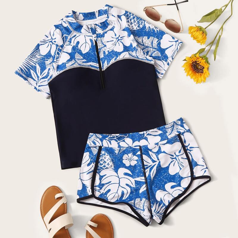 

Tropical Zipper Front Short Sleeve Bikini Swimsuit, Multicolor