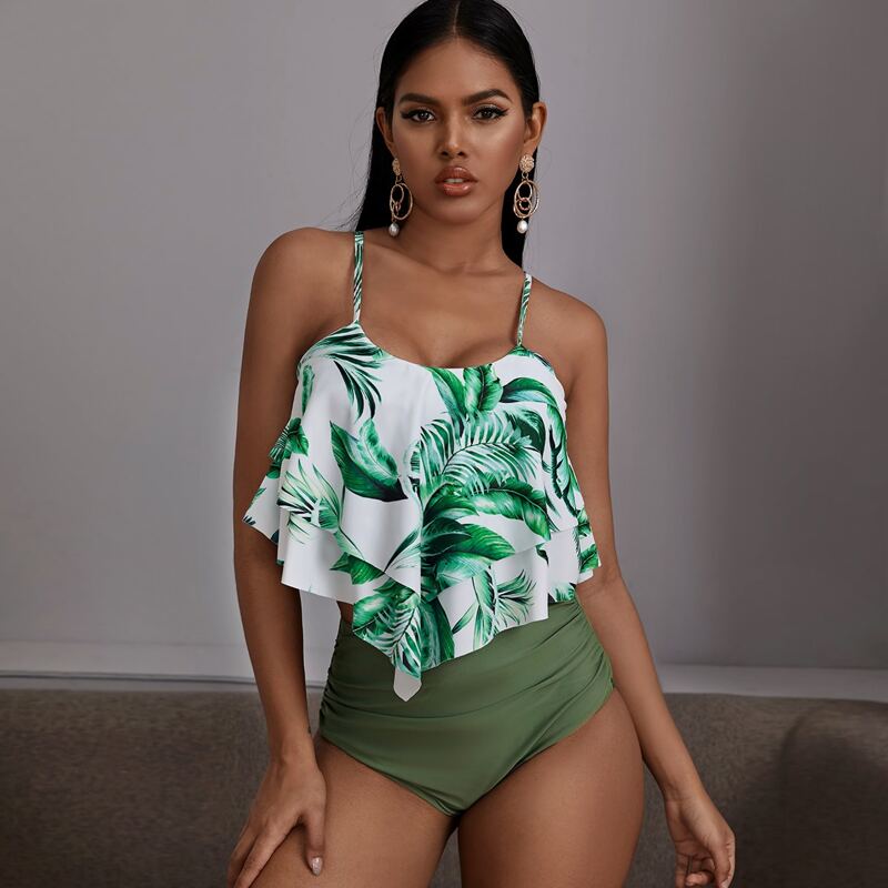 

Tropical Tiered Layer Top With High Waisted Tankini, Multicolor