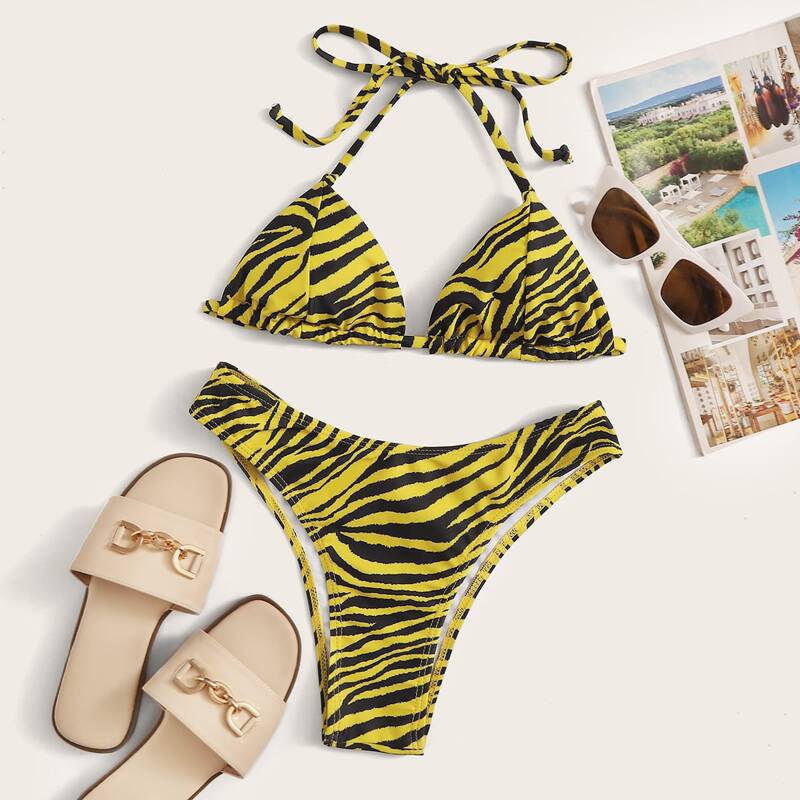 

Zebra Stripe Halter Top With High Cut Bikini Set, Multicolor