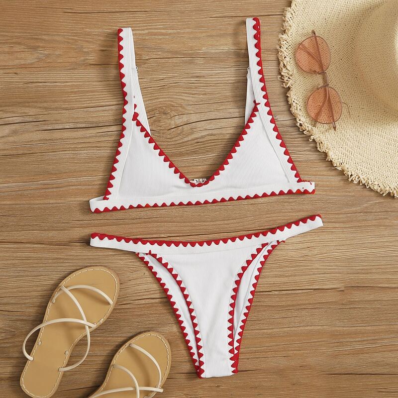 

Contrast Binding Cheeky Bikini Swimsuit, White