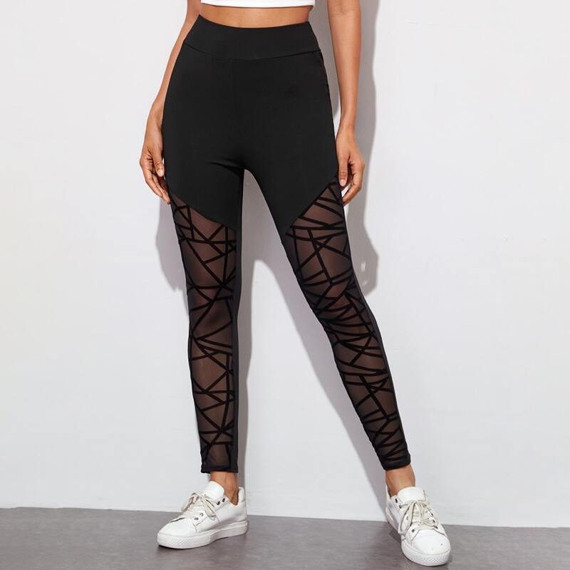 

Contrast Mesh Panel Skinny Leggings, Black