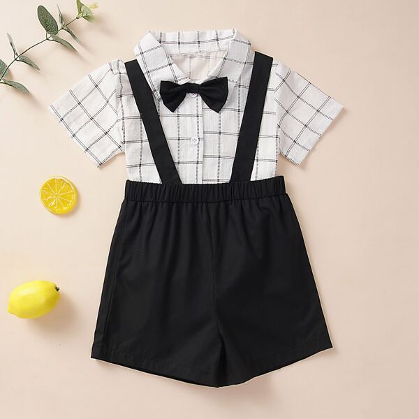

Комбинезон в клетку с бантом и шорты с подтяжками для мальчиков, Чёрнобелые