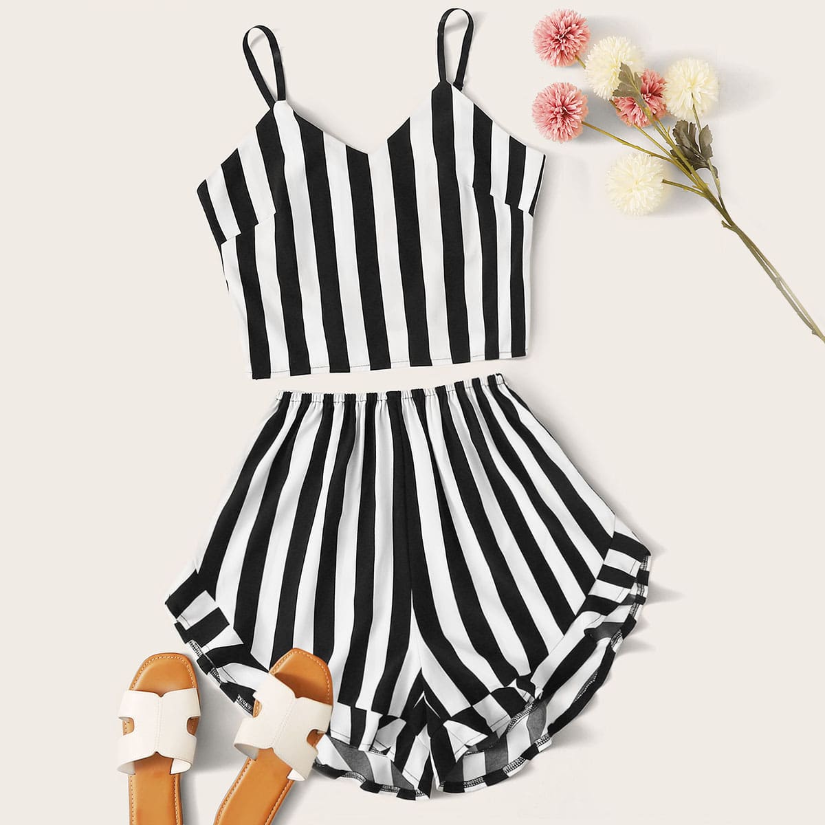 

Block Stripe Cami Top With Shorts, Black and white