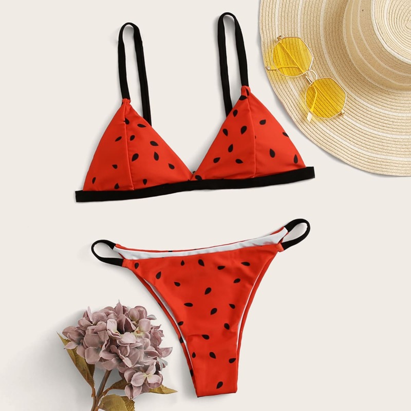 

Watermelon Print Triangle Bikini Swimsuit, Red