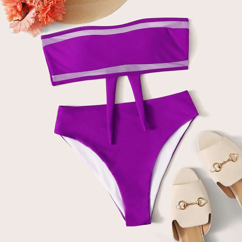 

Mesh Insert Bandeau High Cut Bikini Swimsuit, Purple