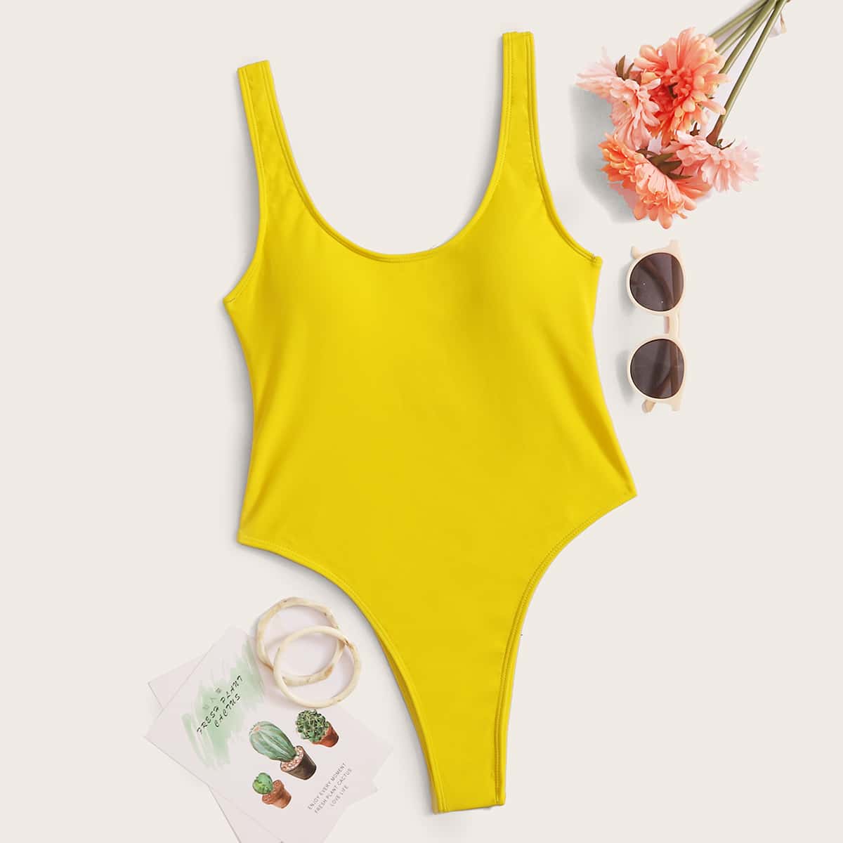 

Solid Cutout One Piece Swimsuit, Yellow
