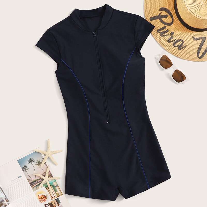 

Zipper Front One Piece Swimsuit, Navy