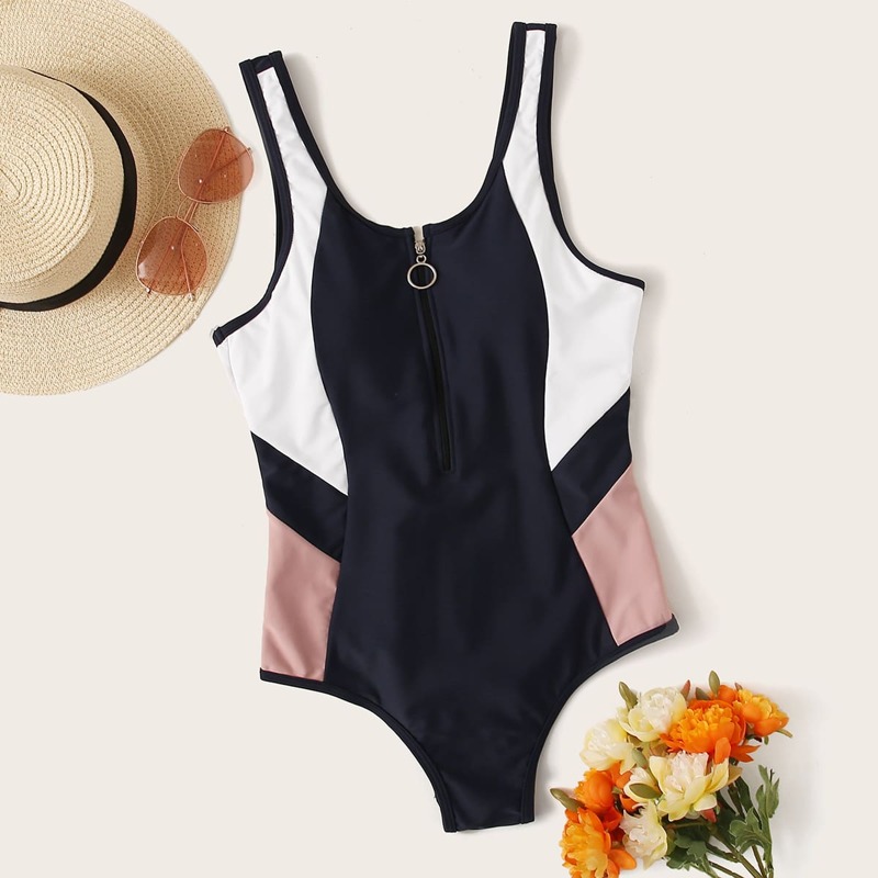 

Colorblock Zipper Front One Piece Swimwear, Multicolor