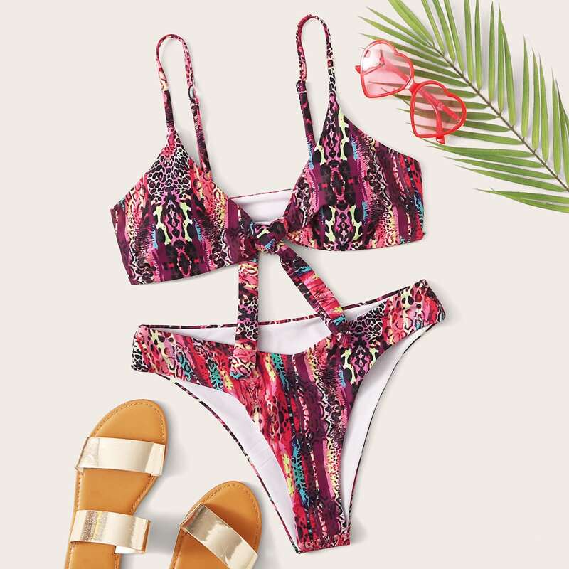 

Allover Print Knot High Leg Bikini Swimsuit, Multicolor