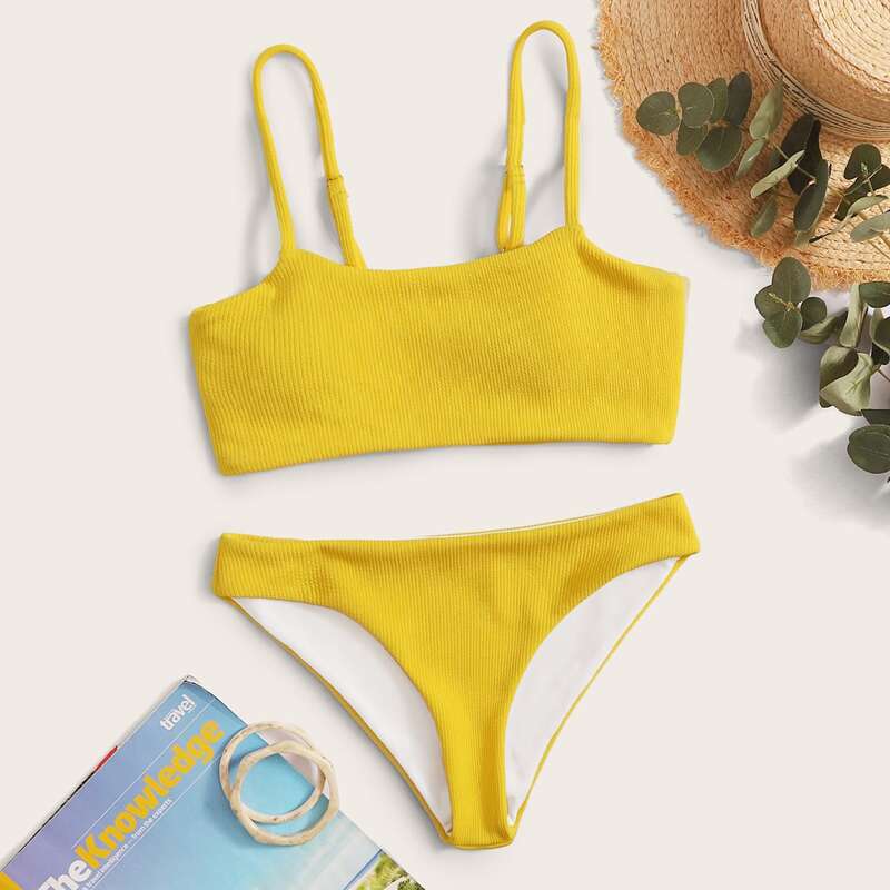 

Solid Spaghetti Strap Ribbed Bikini Set, Yellow