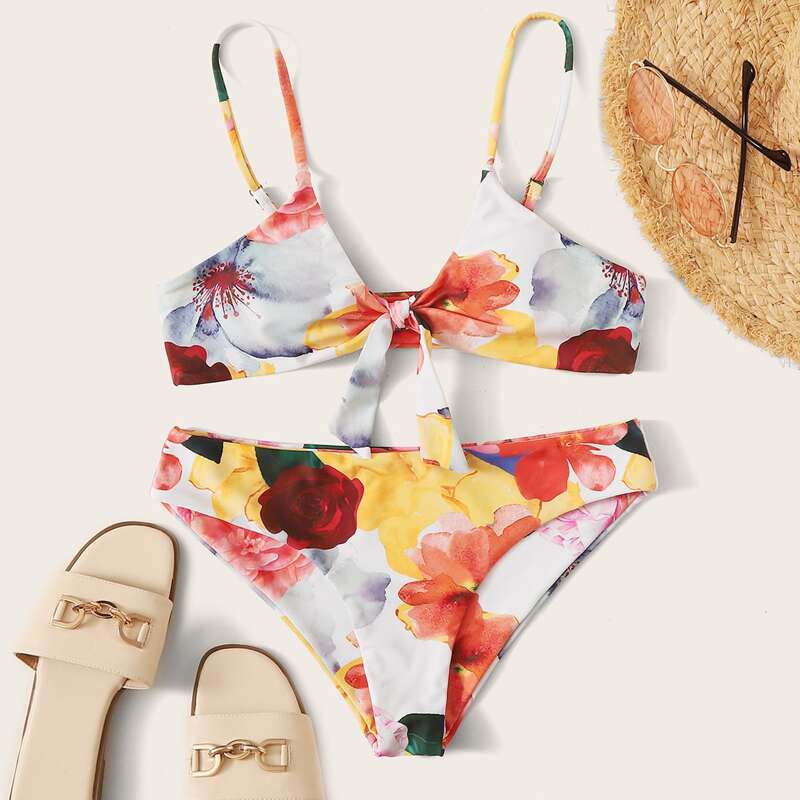 

Floral Random Print Knot Front Bikini Swimsuit, Multicolor