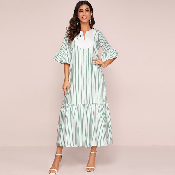 

Striped Notch Neck Flounce Sleeve Dress, Green