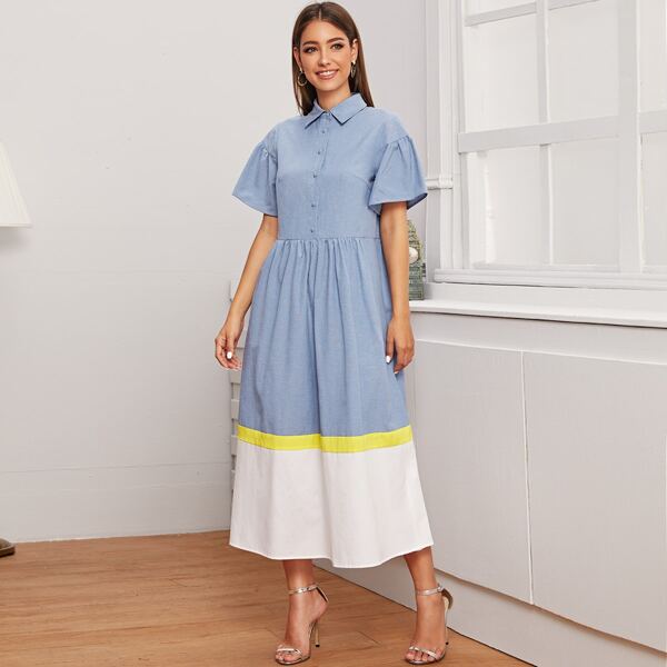 

Collared Buttoned Front Colorblock Shirt Dress, Blue