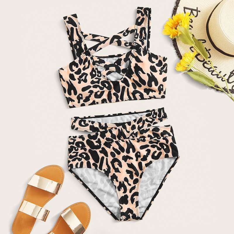 

Leopard Criss Cross High Waisted Bikini Swimsuit, Multicolor