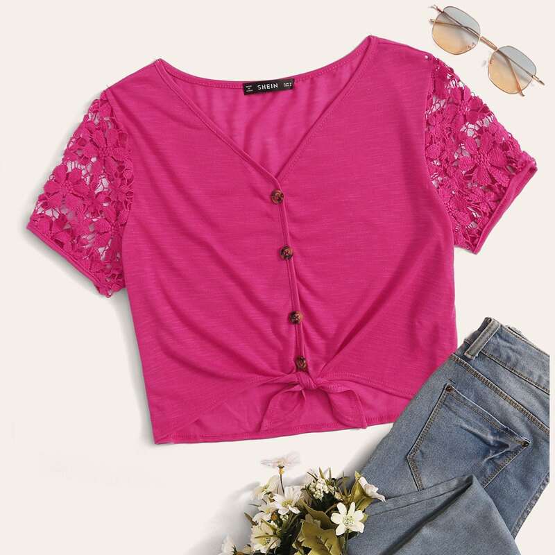 

Lace Sleeve Button Front Tie Hem Top, Pink bright