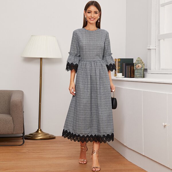 

Guipure Lace Trim Plaid Dress, Grey