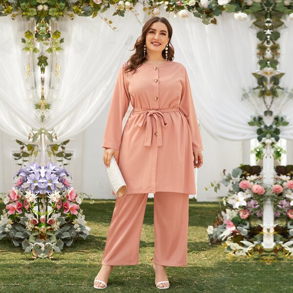 

Plus Solid Button Front Belted Blouse & Pants, Pink