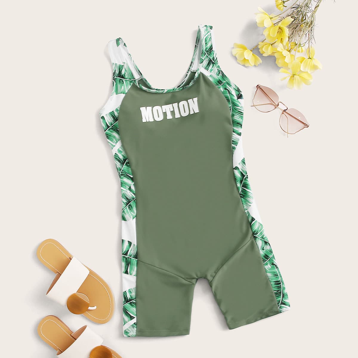 

Letter & Tropical Print One Piece Swimsuit, Green