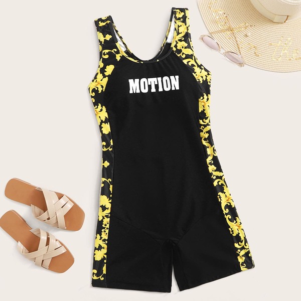 

Слитный купальник с текстовым принтом, Чёрный