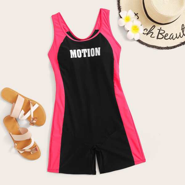 

Letter Graphic Colorblock One Piece Swimsuit, Multicolor