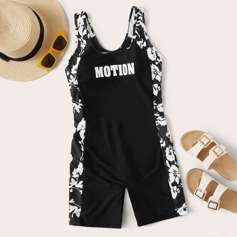 

Letter & Floral Print One Piece Swimsuit, Black and white