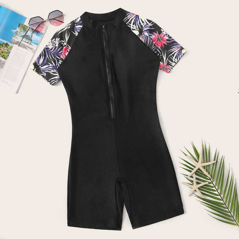 

Tropical Zipper Front Surfing Swimsuit, Black