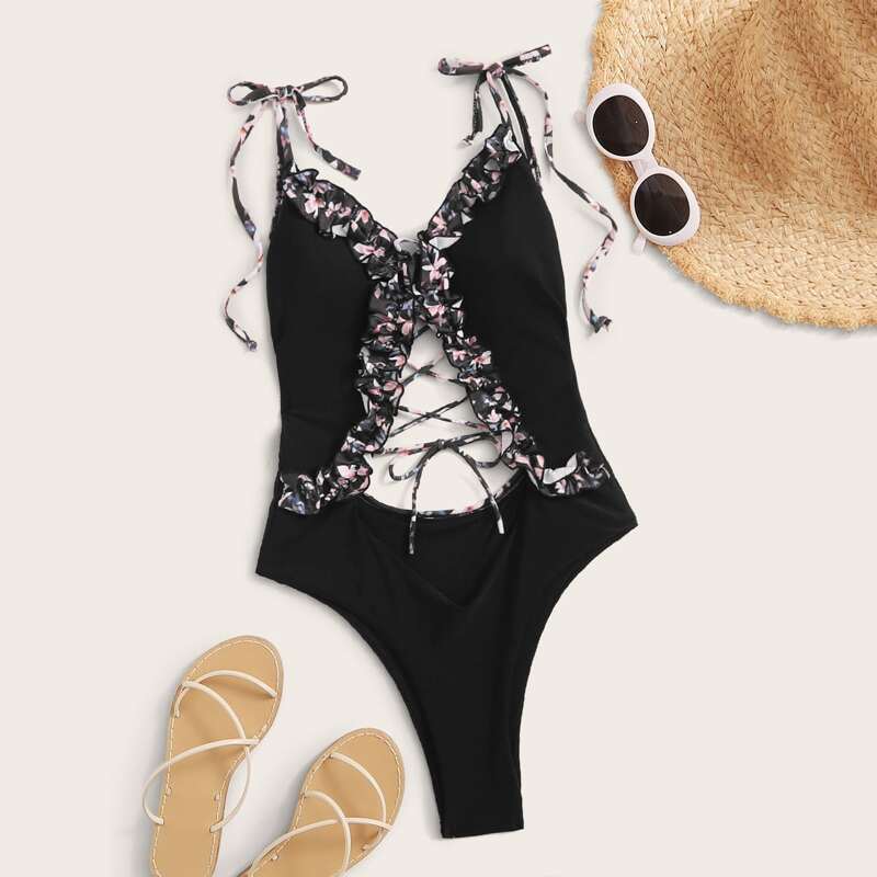 

Ruffle Trim Lace-up Front One Piece Swimsuit, Black