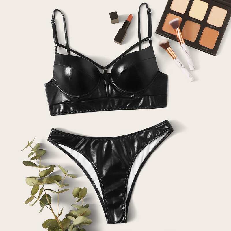 

PU Underwire Top With High Cut Bikini Set, Black
