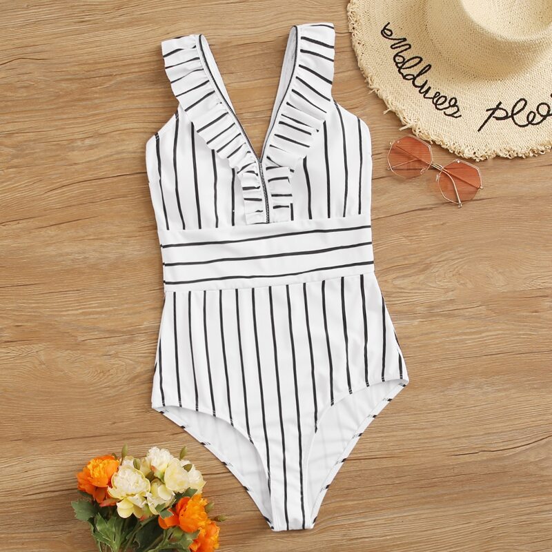 

Striped Ruffle Trim One Piece Swimsuit, Black and white