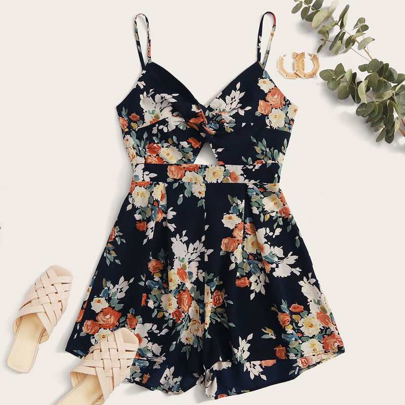 

Floral Print Twist Front Peekaboo Cami Romper, Multicolor