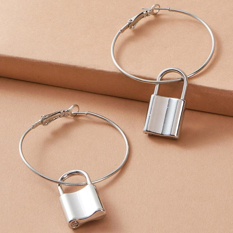 

1pair Round Decor Lock Drop Earrings, Silver