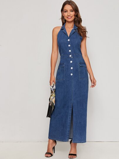 Open Back Button Front Denim Dress