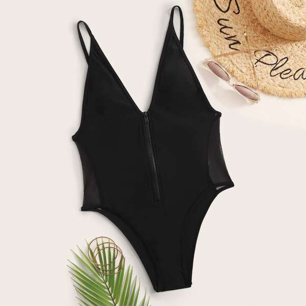 

Contrast Mesh Zip Front One Piece Swimsuit, Black