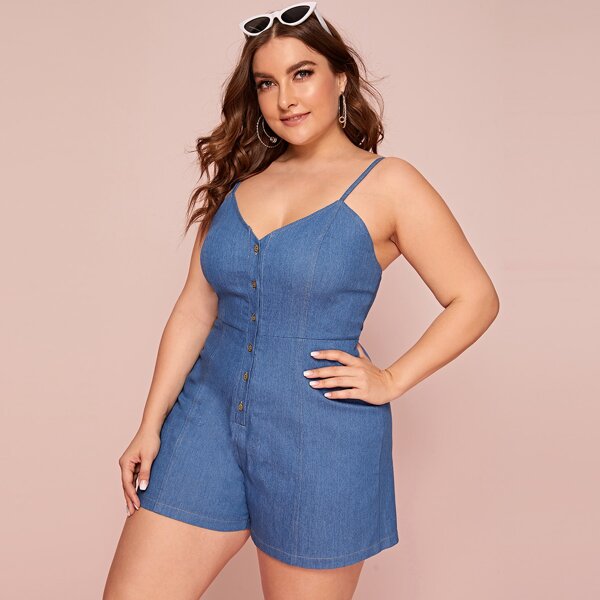 

Plus Button Front Cami Denim Overall, Blue