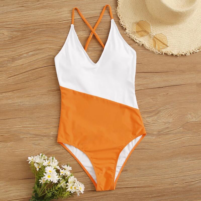 

Colorblock Criss Cross One Piece Swimsuit, Multicolor