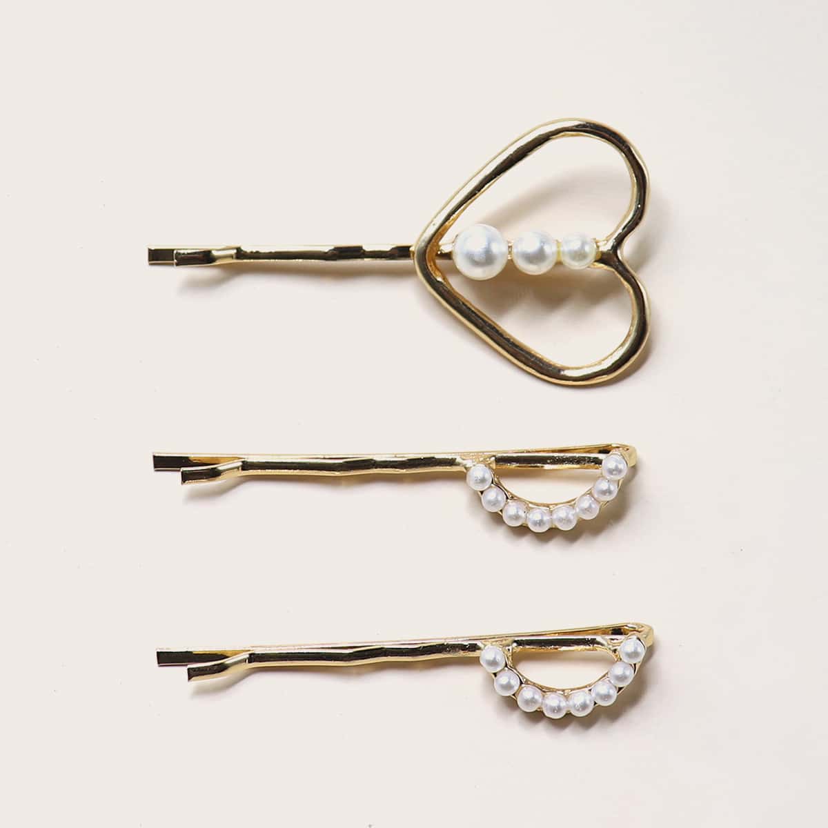 

3pcs Faux Pearl Decor Metallic Hair Clip, Gold