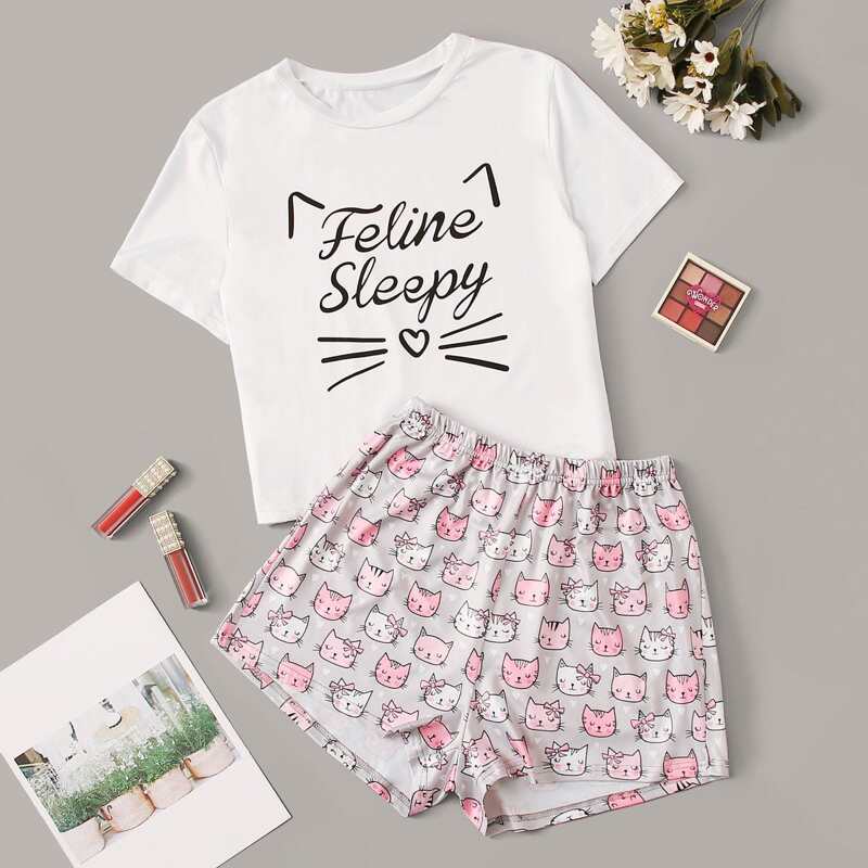 

Letter & Cartoon Graphic PJ Set, Multicolor