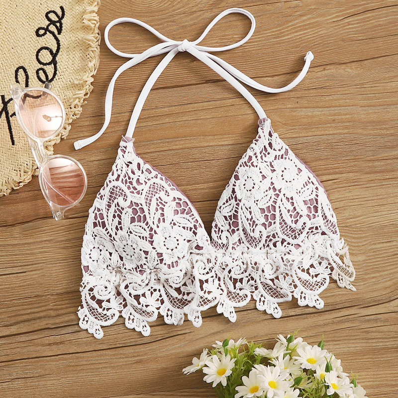 

Guipure Lace Triangle Halter Bikini Top, Multicolor