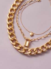 3pcs Lock & Heart Charm Chain Necklace - Yellow Gold - View 3