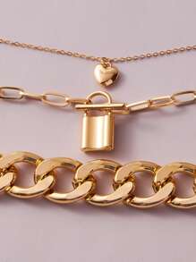 3pcs Lock & Heart Charm Chain Necklace - Yellow Gold - View 4