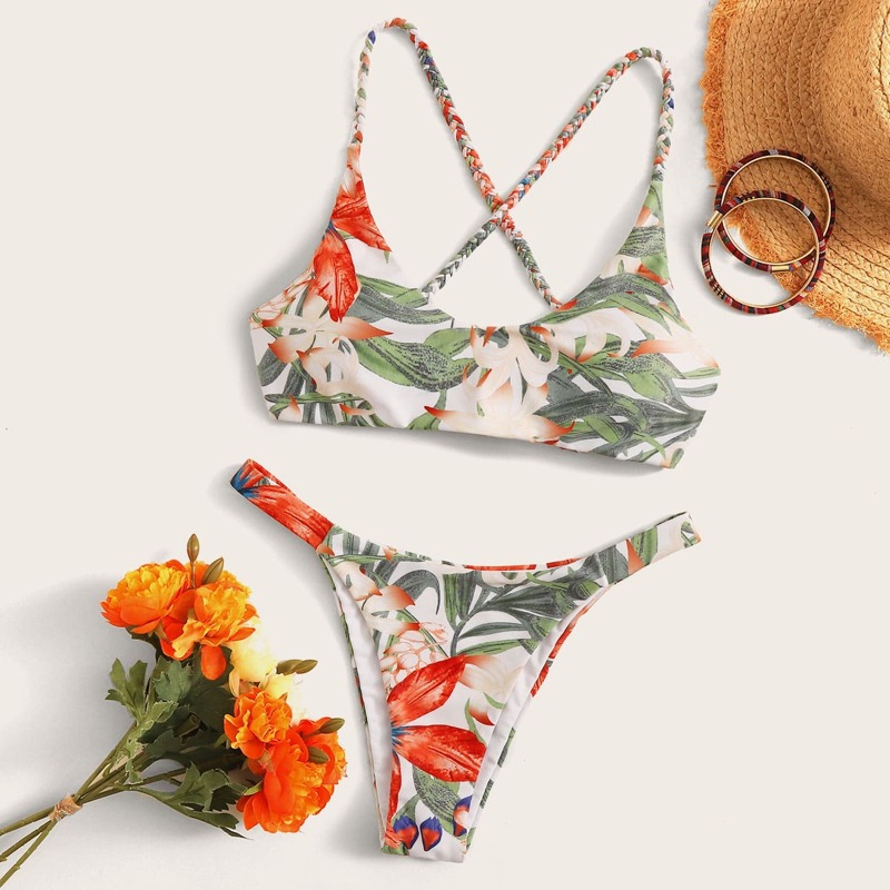 

Tropical Tie Back High Cut Bikini Swimsuit, Multicolor