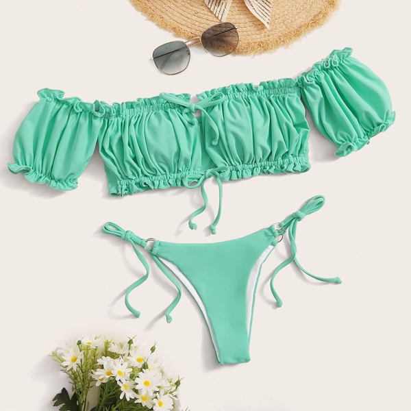 

Frill Bardot Tie Side Bikini Swimsuit, Green