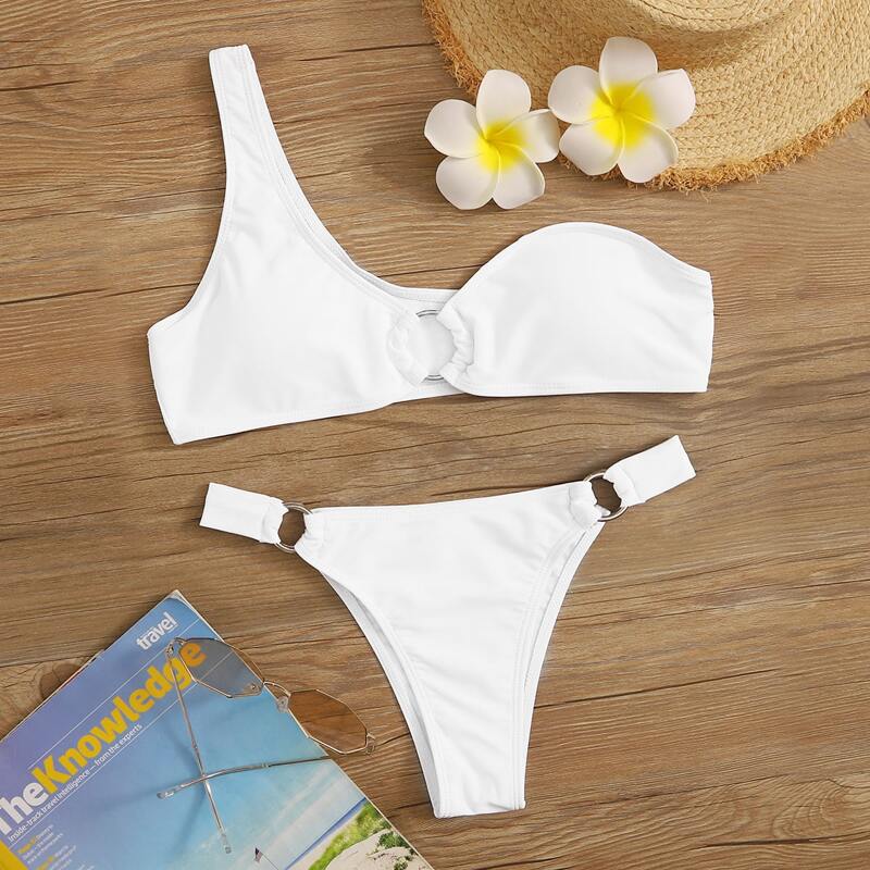 

Ring Linked One Shoulder Bikini Swimsuit, White