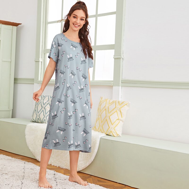 

Letter & Cartoon Graphic Night Dress, Blue