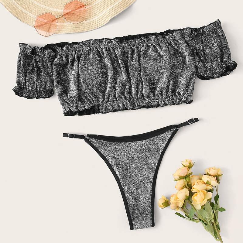 

Glitter Frill Trim Triangle Thong Bikini Swimsuit, Grey