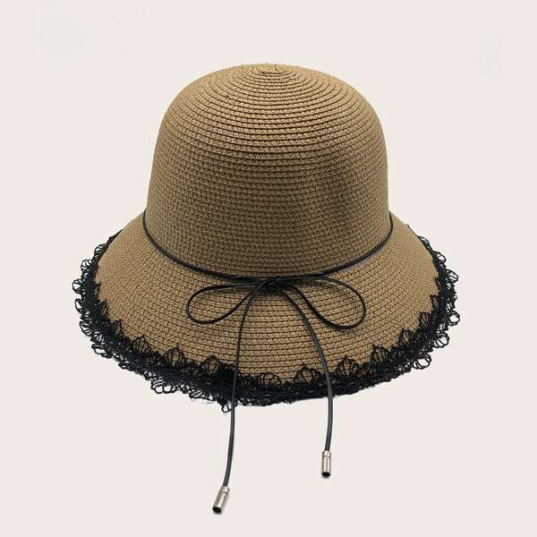 

Lace Bow Knot Decor Straw Hat, Khaki