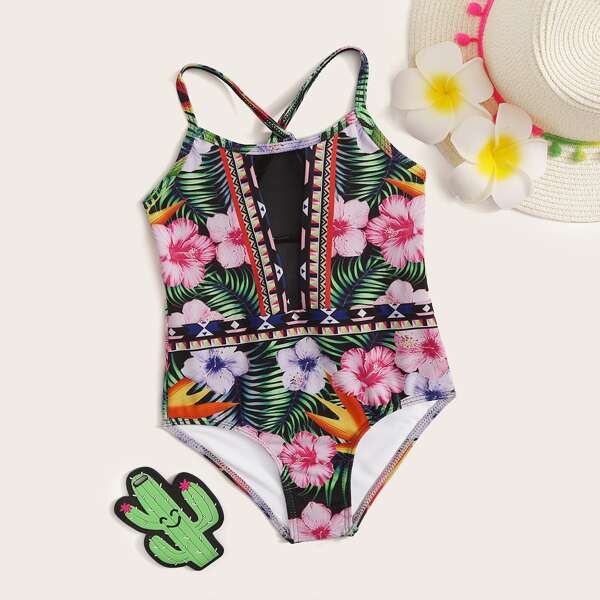 

Toddler Girls Tropical Contrast Mesh One Piece Swimwear, Multicolor