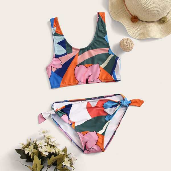 

Girls Floral Random Print Bikini Set, Multicolor