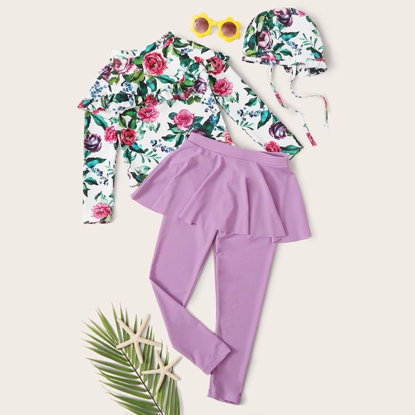 

Toddler Girl Floral Print Long Sleeve Top With Pants Tankini & Hat, Multicolor