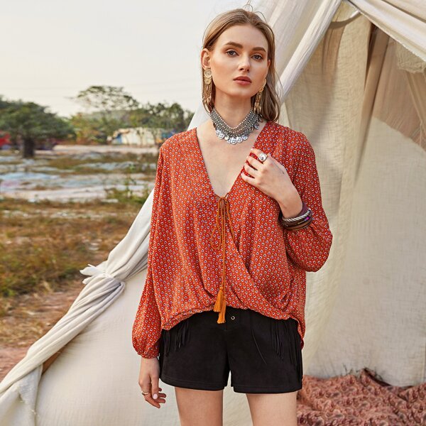 

All Over Print Surplice Front Tassel Blouse, Red